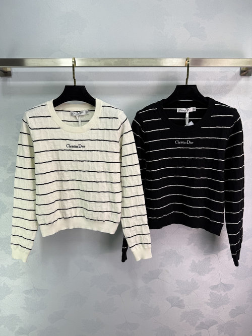 Dior Round Neck Striped Long Sleeve Knit Top with Custom Wool Yarn, Sophisticated Logo Embroidery