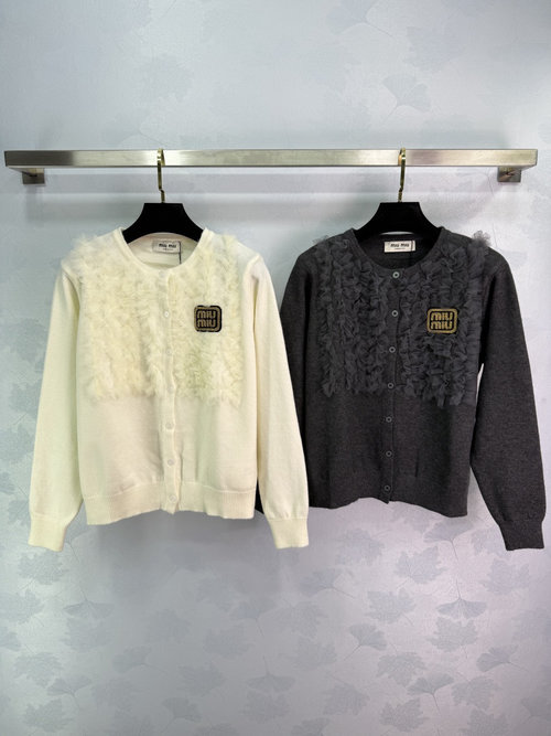 Miu Miu Round Neck Cardigan with Floral Edge and Gold Logo, Timeless Sophistication