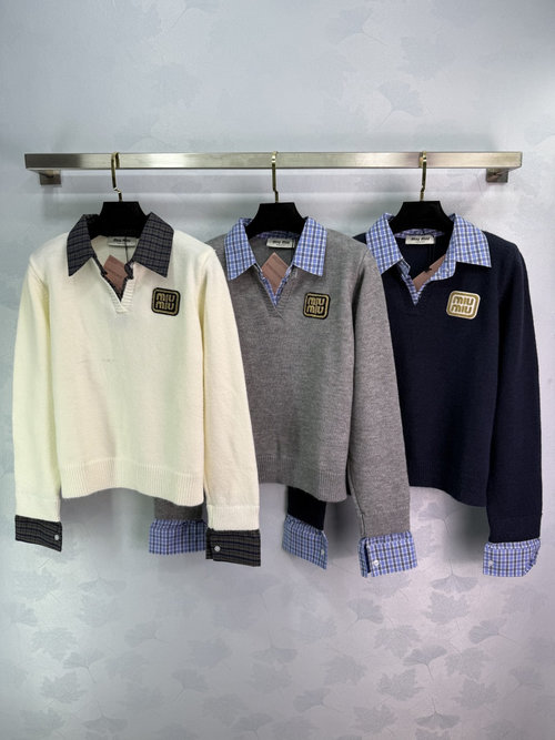 Miu Miu Elegant Collared Knit Top with Gold Logo Embroidery, Sophisticated Design