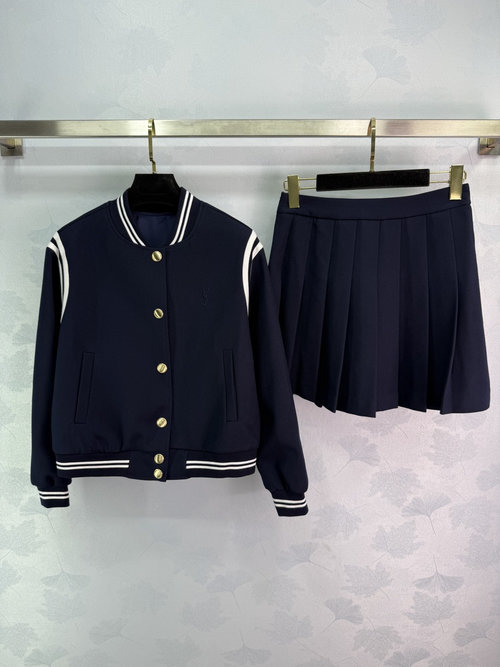 Yves Saint Laurent Embroidered Baseball Jacket and Pleated Skirt Set Made of Premium Material