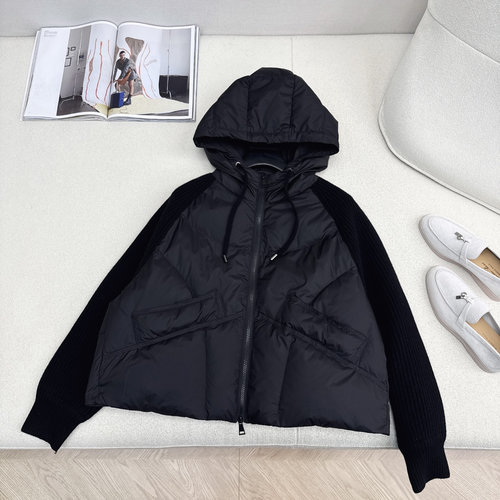 Loro Piana Chic Knit Spliced Hooded Down Jacket with Wool Sleeves