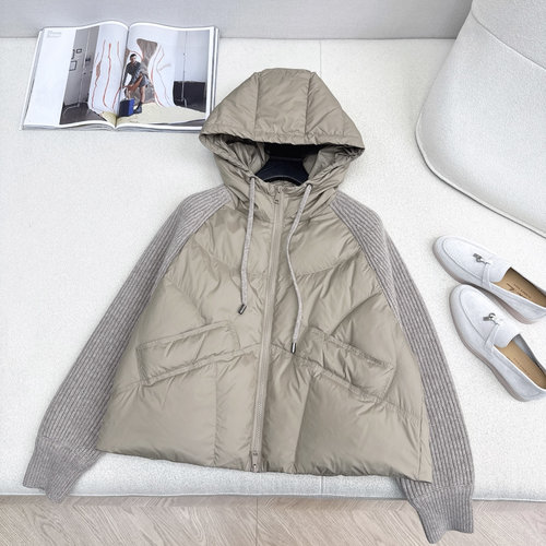 Loro Piana Chic Knit Spliced Hooded Down Jacket with Wool Sleeves