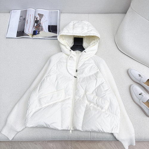 Loro Piana Chic Knit Spliced Hooded Down Jacket with Wool Sleeves