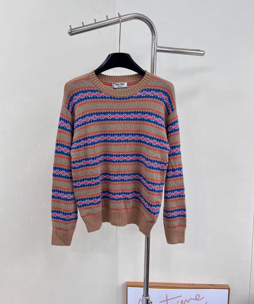 Miu Miu Striped Alphabet Crochet Knitted Sweater with Wool Cashmere Blend