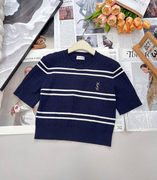 Yves Saint Laurent Gold Letter Embroidered Striped Knit Short Sleeve with Metal Fasteners