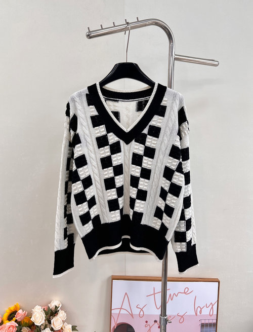 Chanel V-Neck Knitted Sweater with Embossed Pattern and Texture
