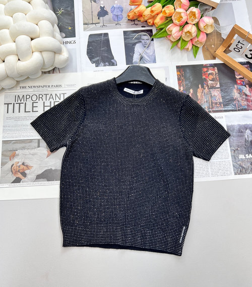 Alexander Wang Sparkling Rhinestone Round-Neck Knit Top for Elegant Attire