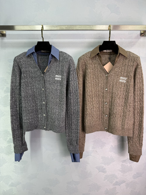 Miu Miu Faux Two-Piece Knit Cardigan with Braided Texture and Embroidered Logo