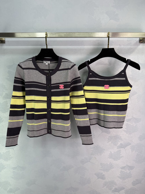 Chanel Elegant Striped Knit Set with Pink Double C Logo Accent