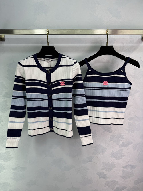 Chanel Sophisticated Striped Knit Two-piece Set with Double C Logo