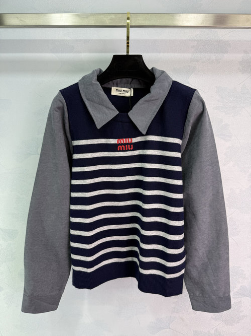 Miu Miu Striped Knit Top with Small Logo and Mock Shirt Collar, Stylish Comfort