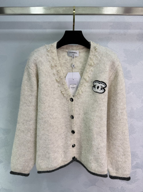 Chanel Pearl-Embellished Knit Cardigan with Double C Embroidery