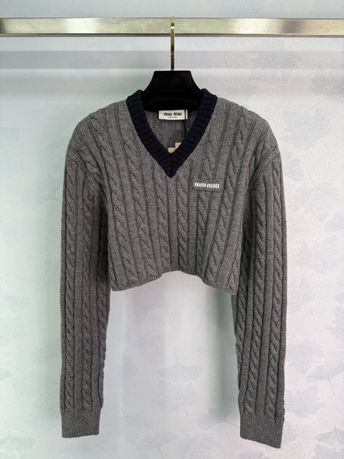 Miu Miu Twist Long Sleeve V-Neck Sweater with Letter Logo, College-Inspired Style