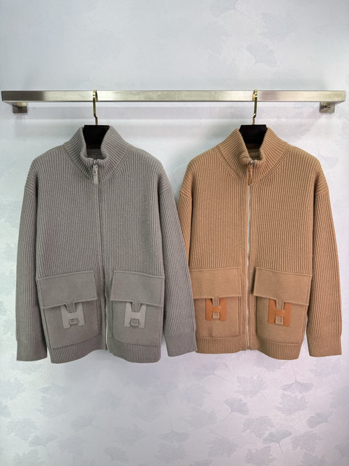 Hermes Mid-Length Cashmere Zip-Up Jacket with Leather Accents