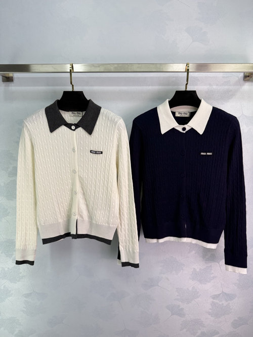 Miu Miu Collar Knit Cardigan with Embroidered Logo, Soft Texture