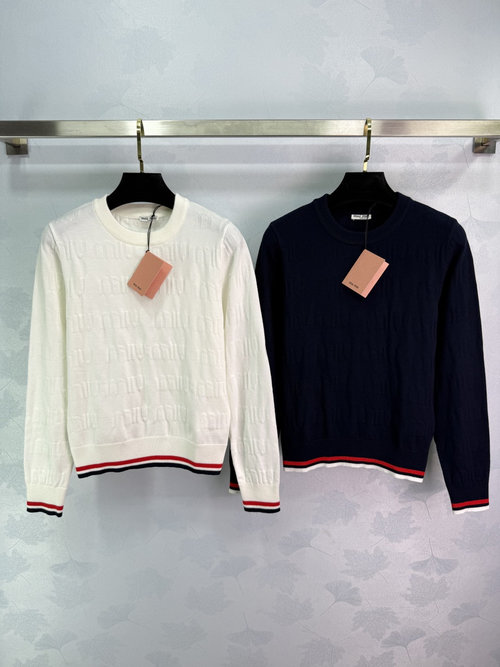 Miu Miu Knitted Sweater with Miu Letter Jacquard and Colorful Cuffs