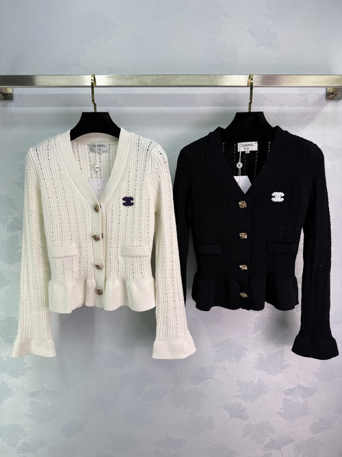 Chanel Custom Knit V-Neck Cardigan with Double C Logo and Fish-Tail Hem