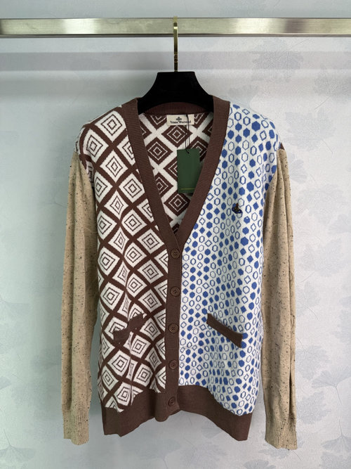 Vivienne Westhood Saturn Embroidered Checkered V-Neck Cardigan in Wool Blend