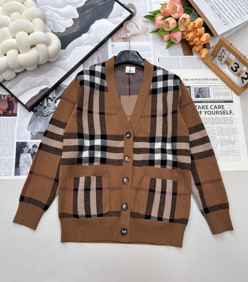 Burberry Classic Checked Wool-Cashmere Cardigan with Quilted Pockets
