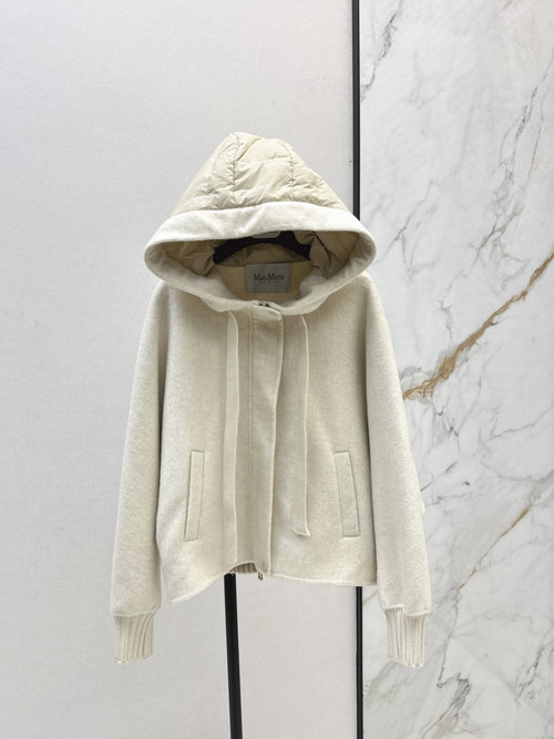 Max Mara Double-faced Hooded Short Down Jacket with Wool Blend, Classic Design