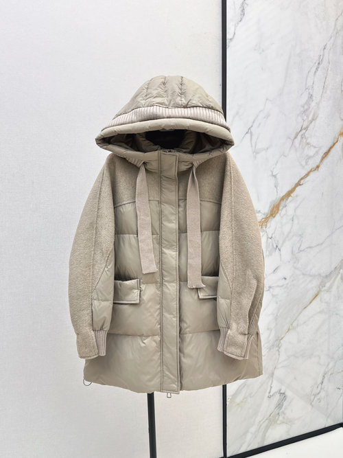 Max Mara Spliced Cashmere Down Jacket with Wool Sleeves, 90% Down Filled