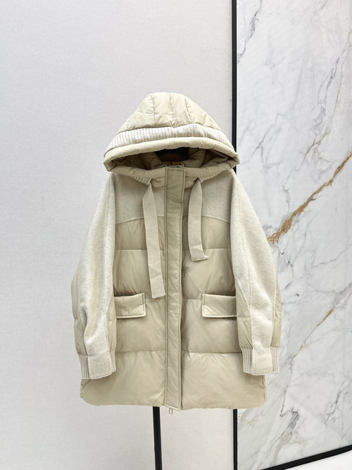 Max Mara Spliced Cashmere Down Jacket with Wool Sleeves, 90% Down Filled