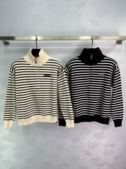 Miu Miu Half-Open Collared Striped Knit Sweater with Embroidered Logo