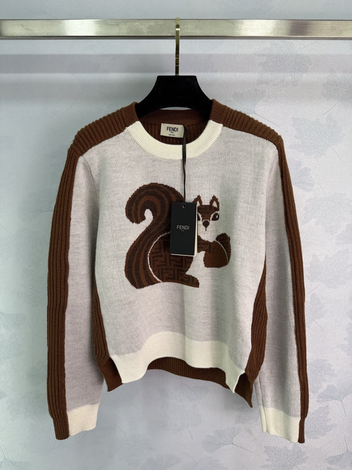 Fendi Squirrel Embroidered Crew Neck Sweater with Layered Design
