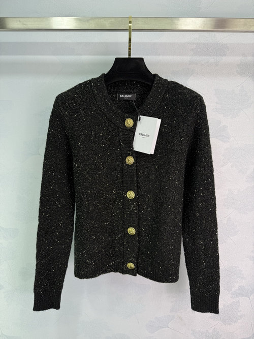 Balmain Elastic Knit Round-Neck Long-Sleeve Cardigan with Vertical Ribs and Gold Threads