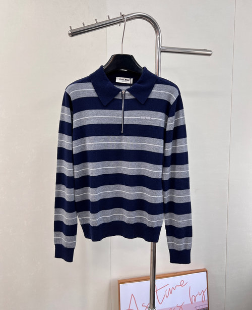Miu Miu Custom Wool Knit Long-Sleeve with Collar and Stripes for a Timeless Look