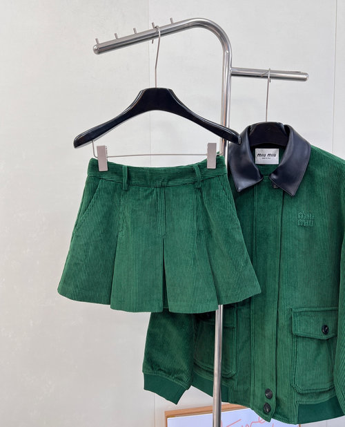 Miu Miu Exclusive Gem Green Corduroy Short Pleated Skirt