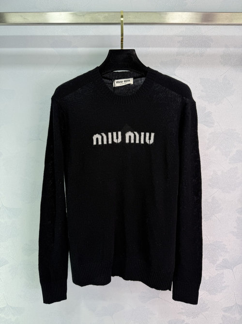 Miu Miu Round Neck Sweater with White Letter Logo, Wool and Cashmere Blend