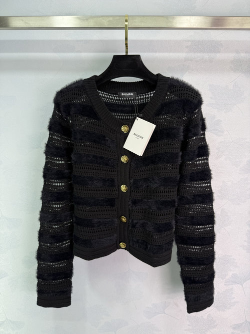 Balmain Hollow-Out Knit Cardigan with Gold Buttons and Fuzzy Trim