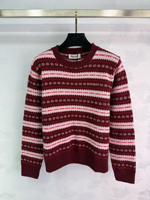 Miu Miu Fair Isle Striped Knit Sweater with Floral Pattern