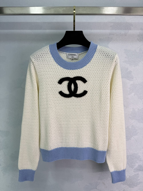 Chanel Hollowed-Out Knit Sweater with a Logo, Fashionable and Alluring