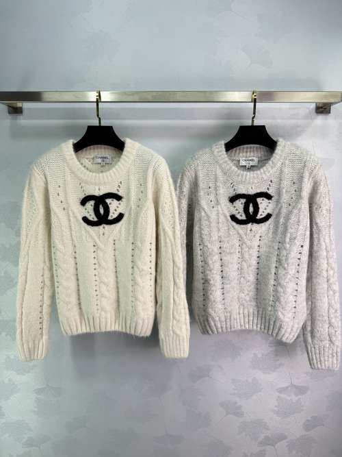 Chanel Round Neck Hollow-Out Knit Sweater with Double C Logo Embellishment