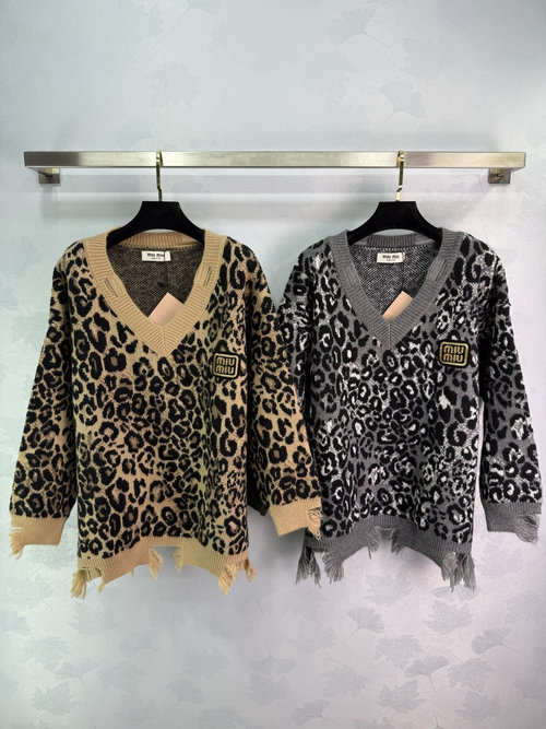 Miu Miu Leopard Print V-Neck Sweater with Fringe and Gold Logo Detail