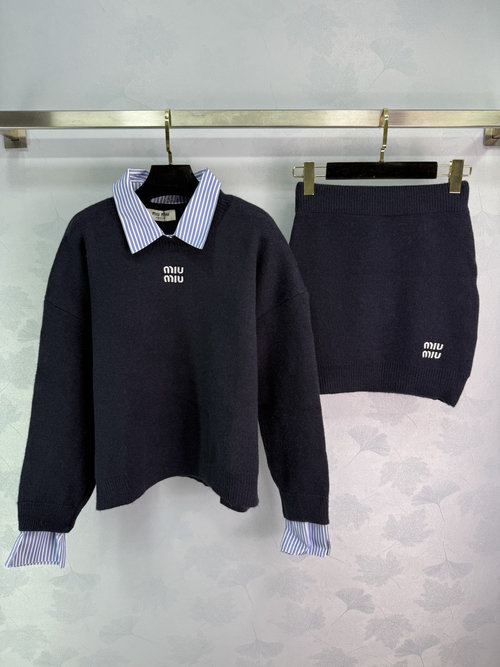 Miu Miu Fake Two-Piece Sweater Set with Blue Striped Collar, Thick Knit Fabric