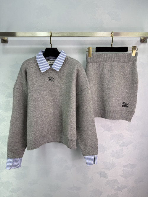 Miu Miu Fake Two-Piece Sweater Set with Blue Striped Collar, Thick Knit Fabric