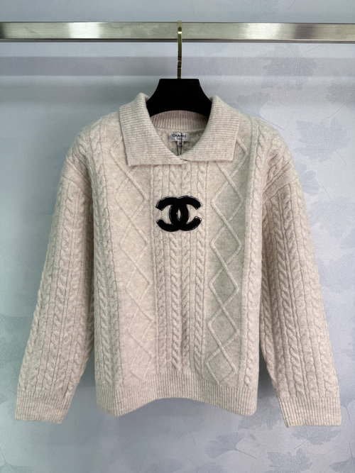 Chanel Turn-Down Collar Knit Sweater with Diamond Pattern