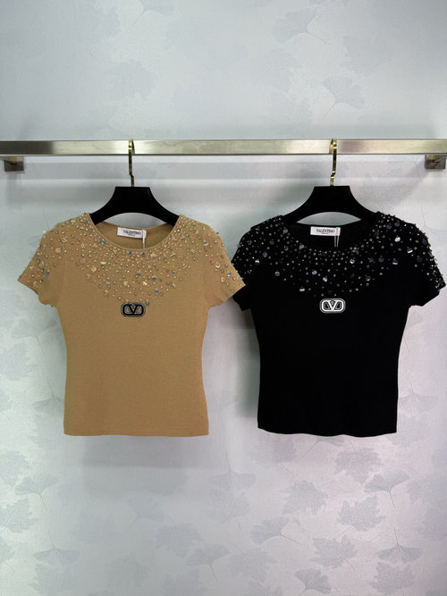 Valentino Heavily Beaded Short Sleeve Knit with Embroidered Logo