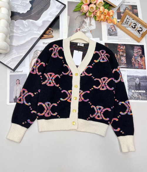 Celine Color-blocked V-neck Knit Cardigan with Branded Jacquard Pattern