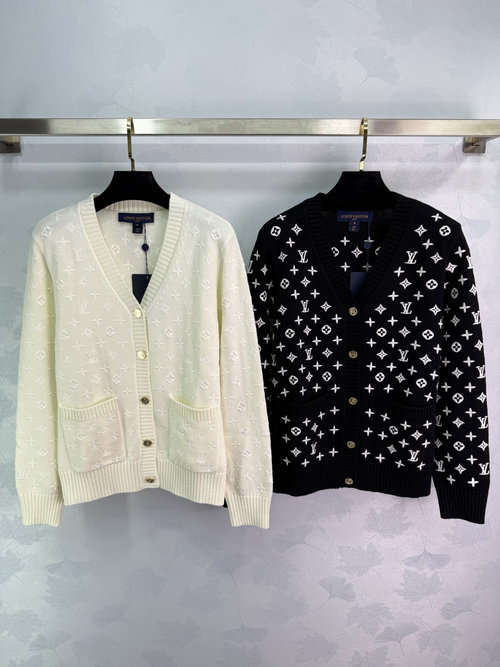 Louis Vuitton Embroidered Jacquard V-Neck Cardigan Displaying LV Classic Monogram