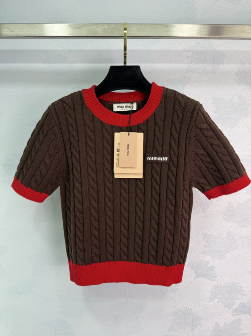 Miu Miu Contrast Knit Short - Sleeve with Embroidered Logo, Fashionable and Timeless