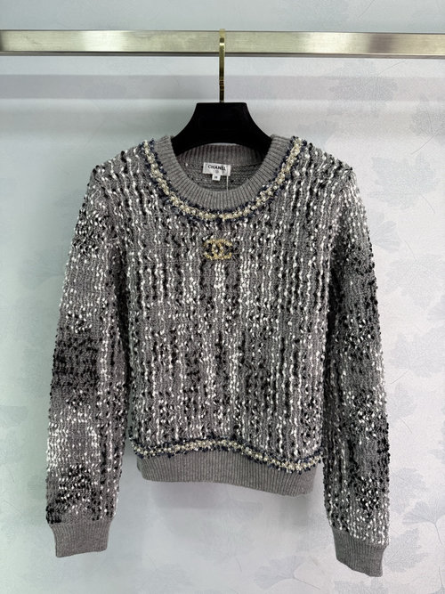 Chanel Round Neck Knitted Sweater with Pearl Chain Accent