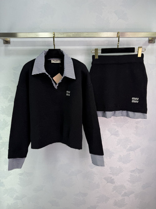 Miu Miu Polo Collar Fake Two-Piece Outfit, Checkered Skirt with Stitched Logo Design