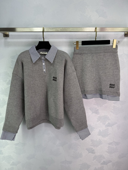 Miu Miu Two-Piece Ensemble with Polo Neck, Checkered Hem and Small Embroidered Logo