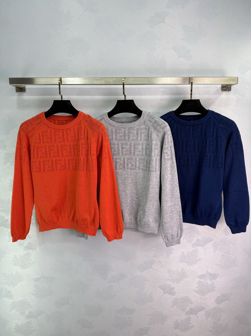 Fendi Orange Red, Gray, Navy Lace Knit Top with FF Logo