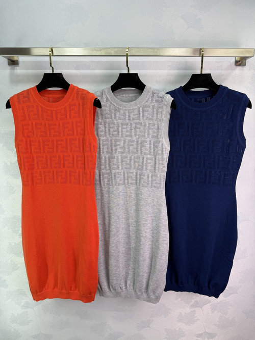 Fendi Orange Red, Gray, Navy Lace Knit Dress with FF Logo