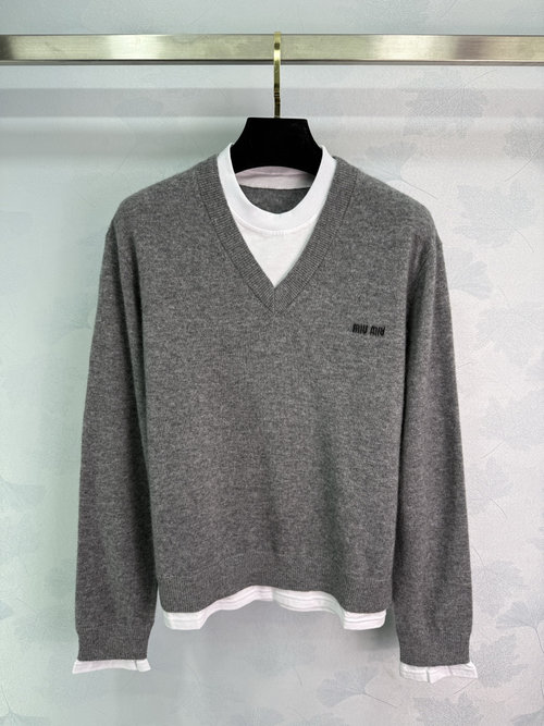 Miu Miu Fake Two-Piece Knit Sweater with V-Neck and Distinctive Logo